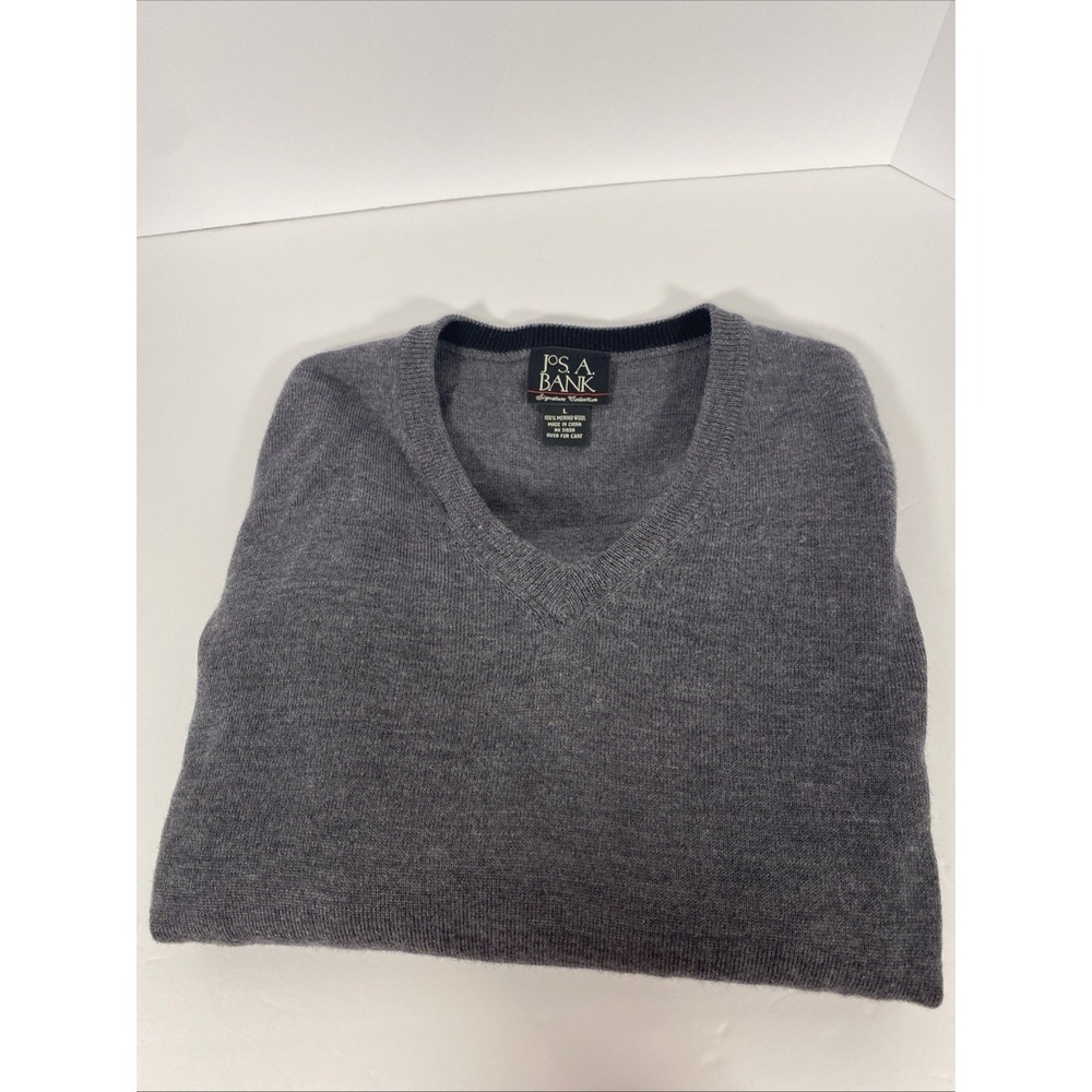 Jos A Bank Sweater Mens Large Heather Gray Merino Wool V Neck Pullover‎ S1